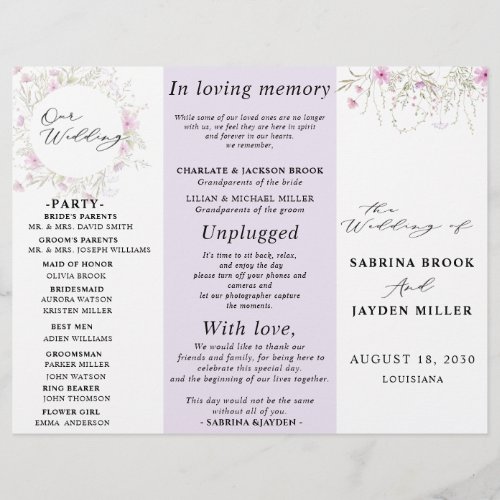 Pastel Shade Pink Wild Floral Wedding Program