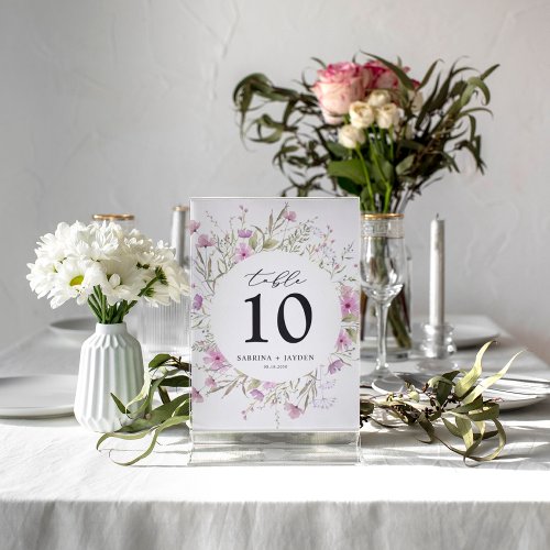 Pastel Shade Pink Wild Floral Wedding Table Number