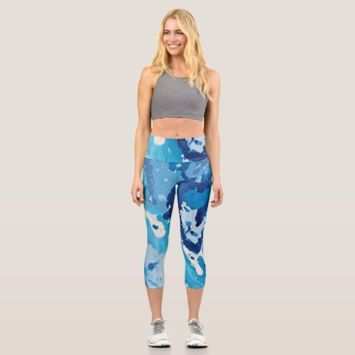 Pastel shades of blue ocean modern abstract capri leggings