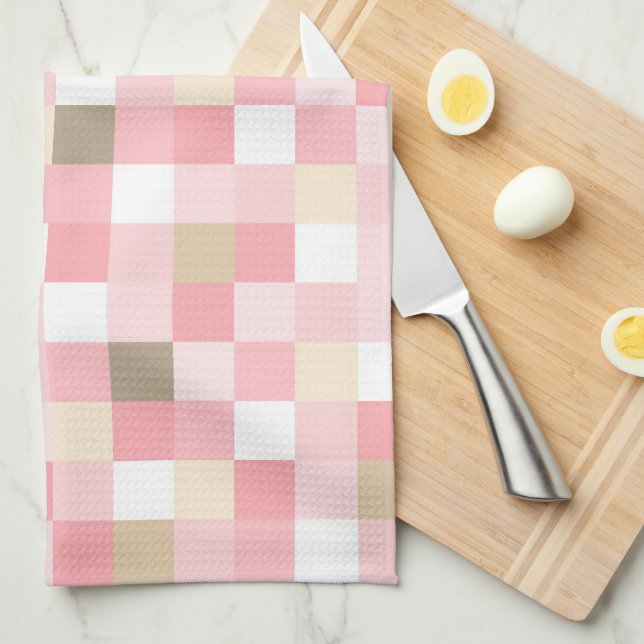 PASTEL SHADES OF PINK & BROWN CUBE PATTERN KITCHEN TOWEL (Quarter Fold)