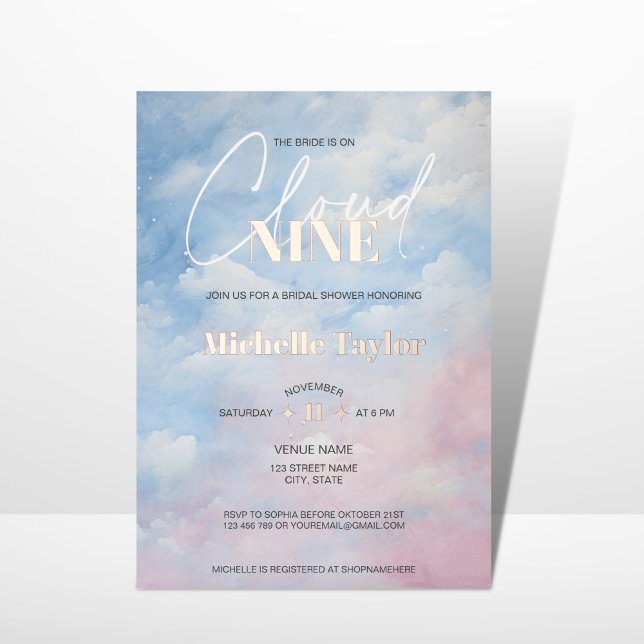 Pastel She's on Cloud Nine Bridal Shower Foil Invitation (Creator Uploaded)