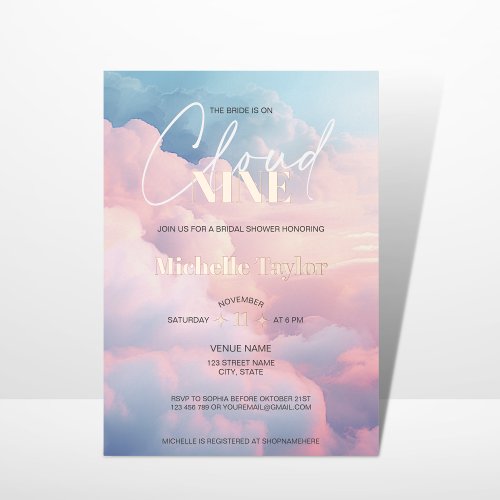 Pastel Shes on Cloud Nine Bridal Shower Foil Invitation
