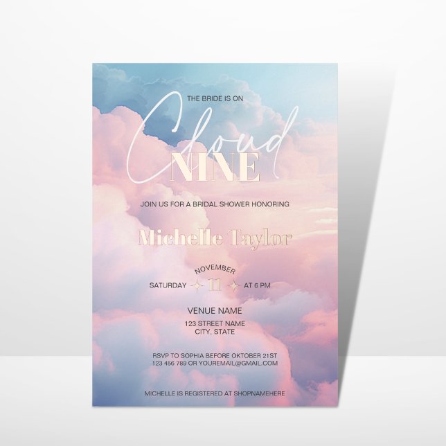 Pastel She's on Cloud Nine Bridal Shower Foil Invitation (Creator Uploaded)