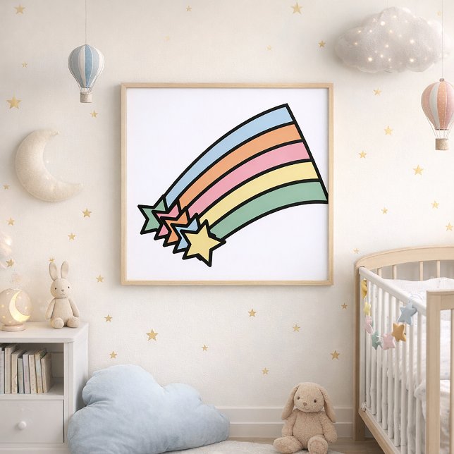 Pastel Shooting Star Rainbow Retro Aesthetic Desig Poster (A poster featuring shooting stars and a rainbow in pastel colors.)