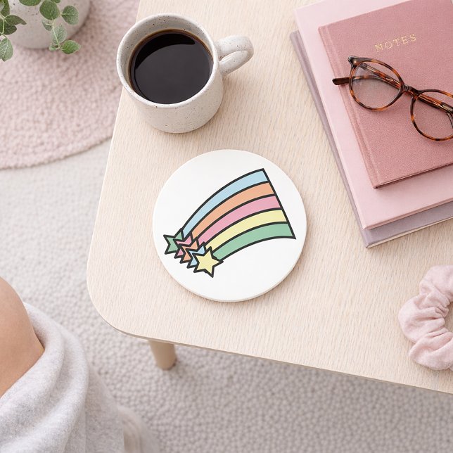 Pastel Shooting Star Rainbow Retro Aesthetic  Drink Coaster (A coaster with pastel stars and a rainbow.)