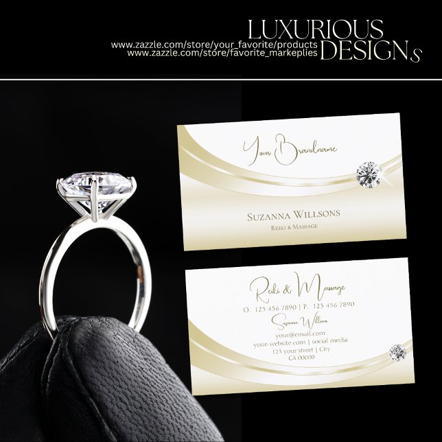 Pastel Silk Gold and White with Sparkling Diamond Business Card (Creator Uploaded)