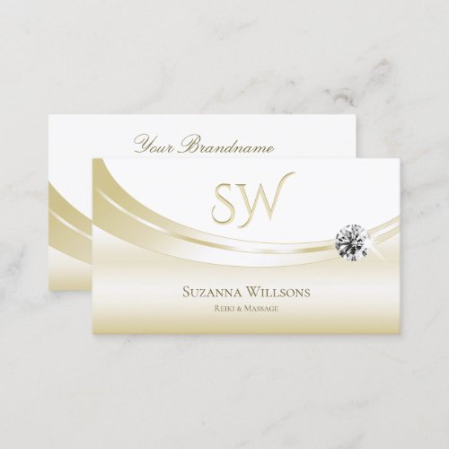 Pastel Silk Gold White with Monogram and Diamond Business Card