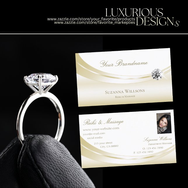 Pastel Silk Gold White with Photo and Luxe Diamond Business Card (Creator Uploaded)