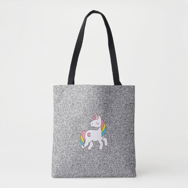 Pastel Silver Glitter Unicorn Tote Bag (Front)