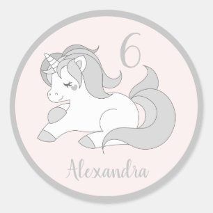 Pastel Silver Unicorn birthday party Own name Classic Round Sticker
