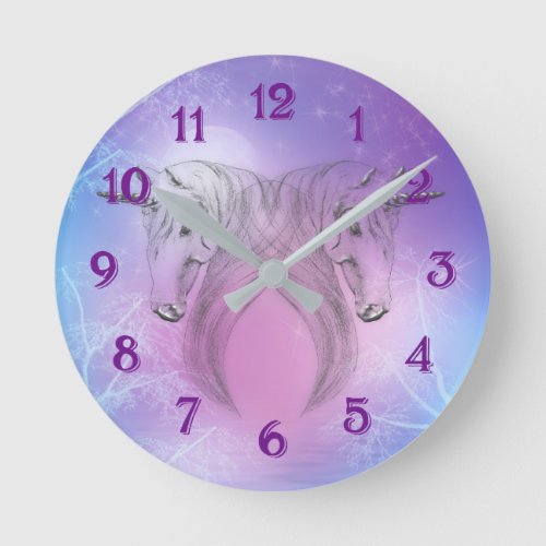 Pastel Silver Unicorns Round Clock