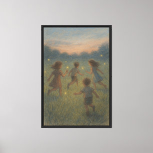 Pastel Sketch of Children Chasing Fireflies Canvas Print