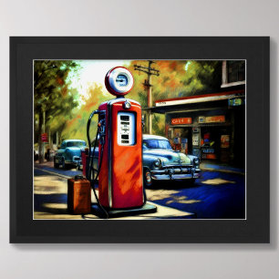 Pastel Sketch Vintage Gas Station Cars Poster