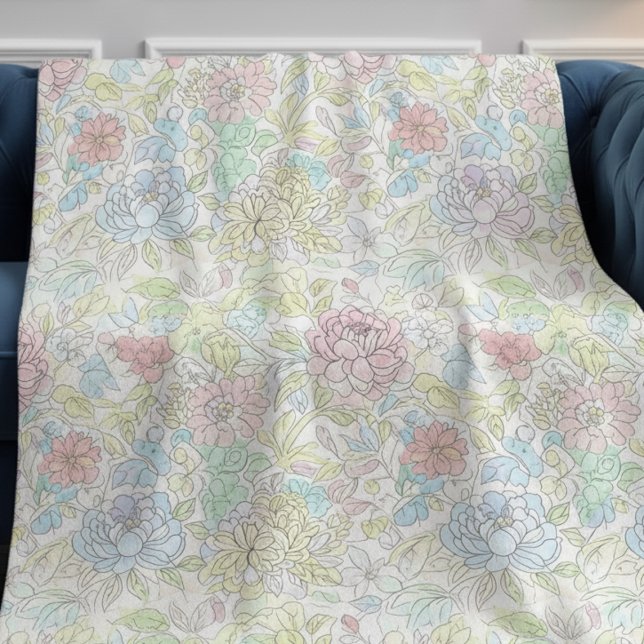 Pastel Sketch Watercolor Floral Fleece Blanket (Creator Uploaded)