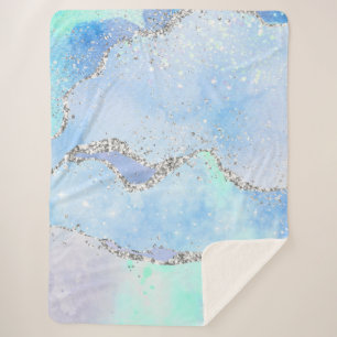 *~* Pastel Sky Blue Agate Silver GLITTER Ocean AP8 Sherpa Blanket