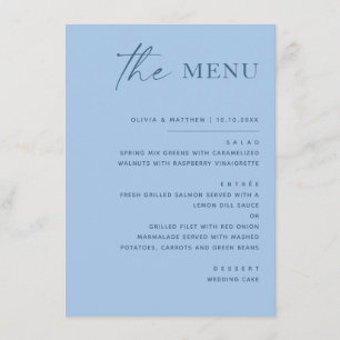 Pastel Sky Blue Coastal Wedding. Modern Minimalist Menu