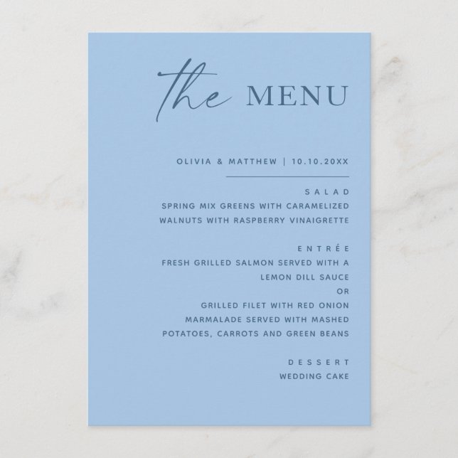 Pastel Sky Blue Coastal Wedding. Modern Minimalist Menu (Front)