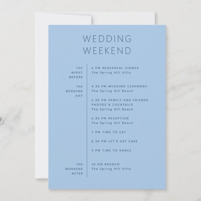 Pastel Sky Blue Coastal Wedding Weekend Itinerary Invitation (Back)