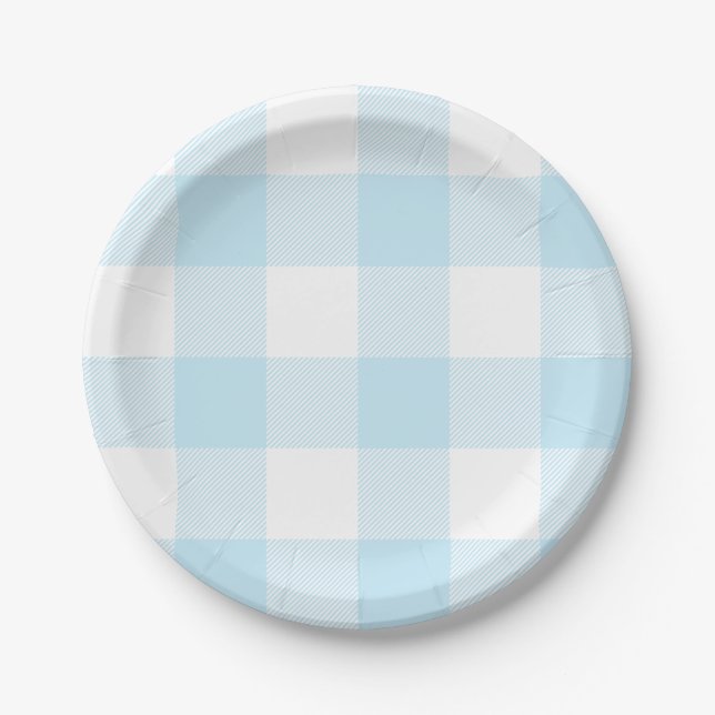 Pastel Sky Blue Gingham Plaid Pattern Paper Plates (Front)