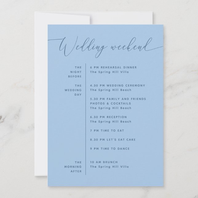 Pastel Sky Blue Wedding Itinerary | Beach Timeline Invitation (Back)