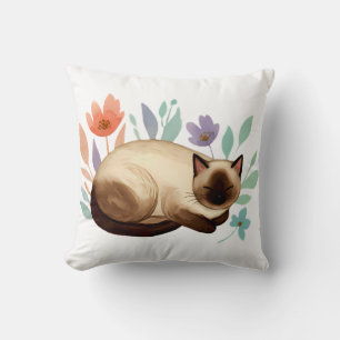 Pastel Slumber: Siamese Cat in Bloom Throw Pillow