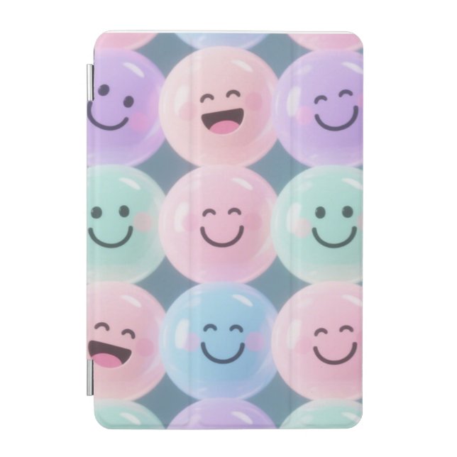 Pastel Smiley Faces iPad Case – Bubble Grid Fun (Front)