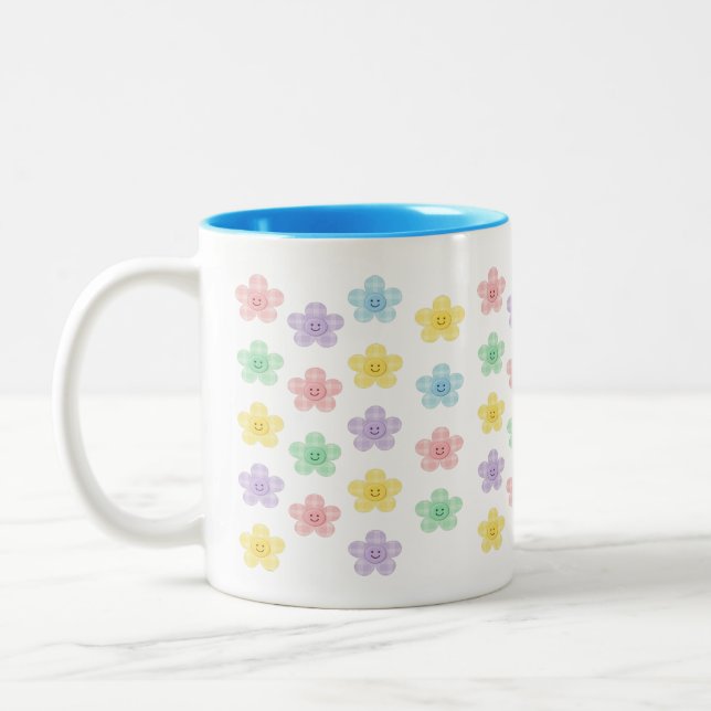 Pastel Smiley Flower Pattern – Cute Gingham  Two-Tone Coffee Mug (Left)
