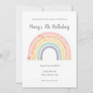 Pastel Smiling Floral Rainbow Kids Birthday Invitation