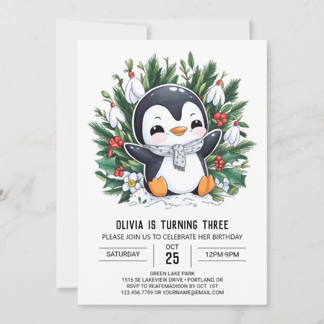 Pastel Snow Penguin Digital Birthday Invitation (Front)