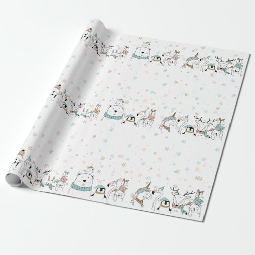 Pastel Snowflakes Cute Christmas Animals Wrapping Paper