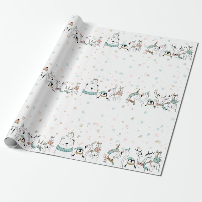 Pastel Snowflakes Cute Christmas Animals Wrapping Paper (Unrolled)