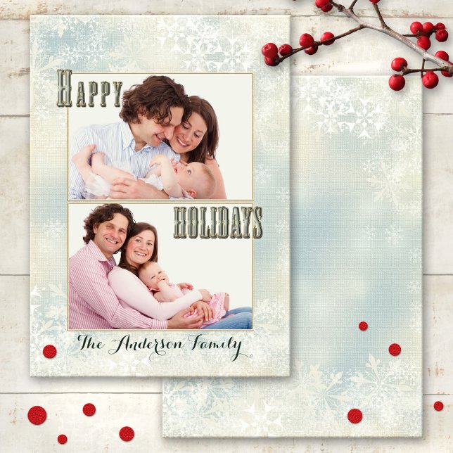 Pastel Snowflakes Photo Holidays Card (An elegant Christmas Holidays card featuring your own favorite photos framed by pastel snowflakes)