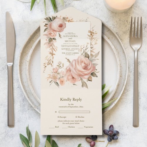 Pastel Soft Blush Peach Floral Wedding  All In One Invitation