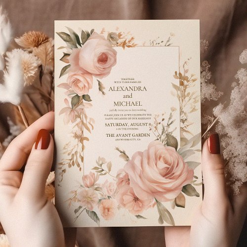 Pastel Soft Blush Peach Floral Wedding  Invitation