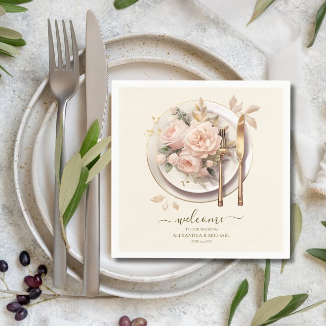 Pastel Soft Blush Peach Floral Wedding Napkins (Creator Uploaded)