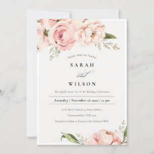 Pastel Soft Blush Peach Peony Flora Wedding Invite