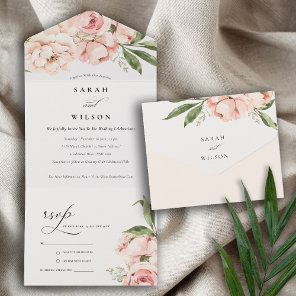 Pastel Soft Blush Peach Peony Floral Wedding  All In One Invitation