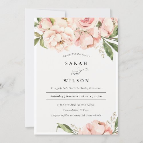Pastel Soft Blush Peach Peony Floral Wedding Invitation