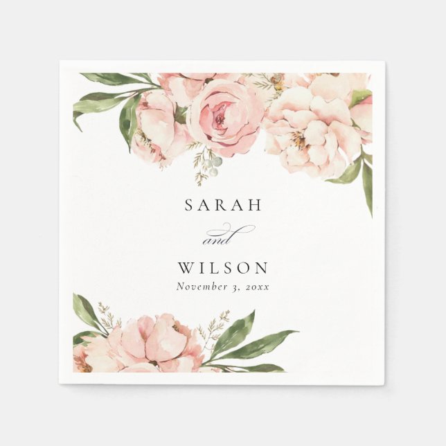 Pastel Soft Blush Peach Peony Floral Wedding Napkins (Front)