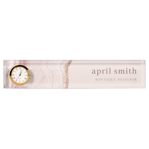 Pastel Soft Blush Rose Gold Agate Marble Texture Desk Name Plate
