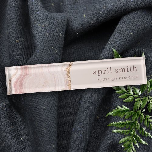 Pastel Soft Blush Rose Gold Agate Marble Texture Desk Name Plate