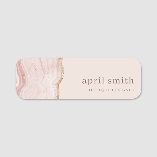Pastel Soft Blush Rose Gold Agate Marble Texture Name Tag (Front)