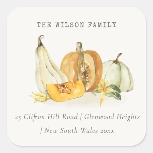 Pastel Soft Floral Pumpkin Thanksgiving Address Square Sticker