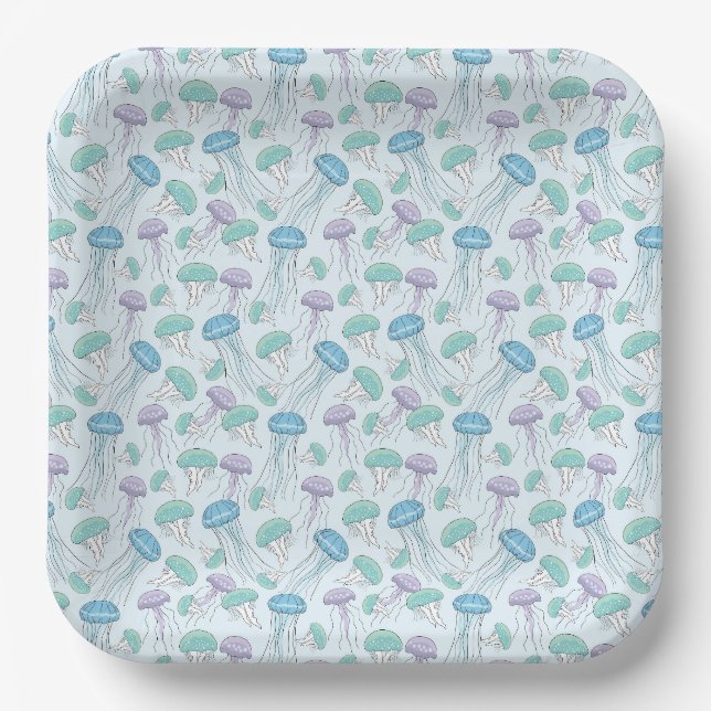 Pastel soft multicolor glowing jelly fish pattern paper plates (Front)