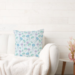 Pastel soft multicolor glowing jelly fish pattern throw pillow