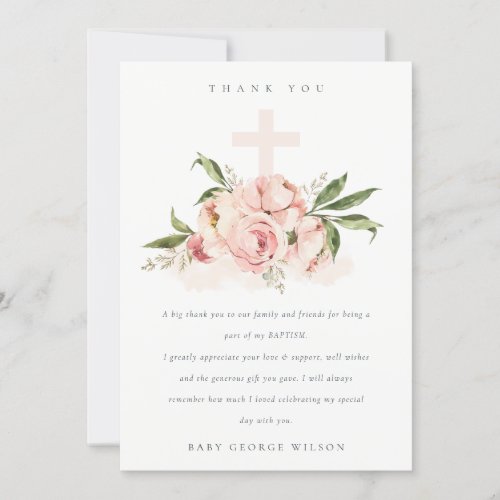 Pastel Soft Peach Peony Floral Cross Bunch Baptism Thank You Card