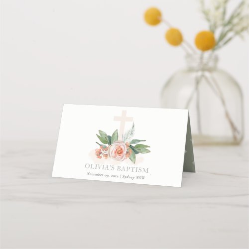 Pastel Soft Peach Rose Floral Cross Bunch Baptism Place Card