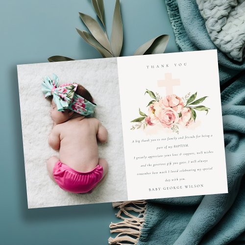 Pastel Soft Peach Rose Floral Cross Photo Baptism Thank You Card