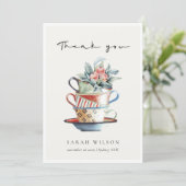 Pastel Soft Red Blue Stacked Cups Floral Tea Party Thank You Card (Standing Front)