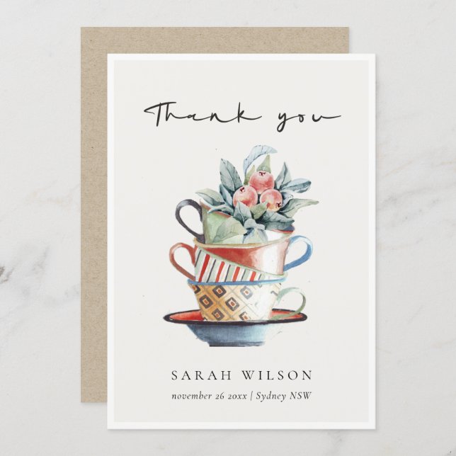Pastel Soft Red Blue Stacked Cups Floral Tea Party Thank You Card (Front/Back)